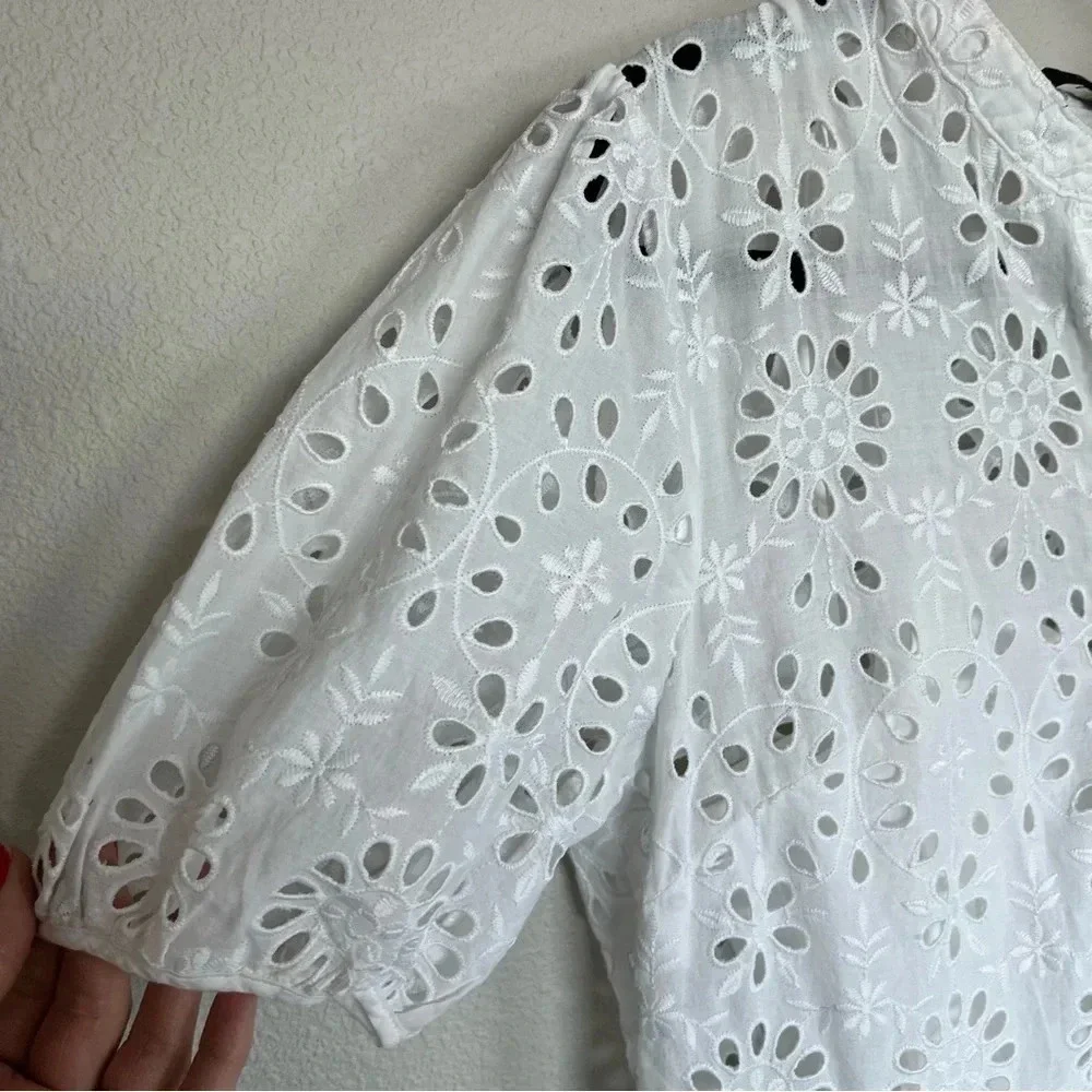 J. CREW Tiered Skirt Pop Over Shirt Dress White Eyelet Casual Women’s 8